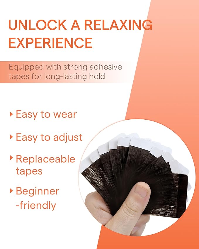 Sunny Hair Tape in Hair Extensions Real Human Hair Invisible Remy Hair Extensions Tape ins for Women Darkest Brown 22 inch 25G