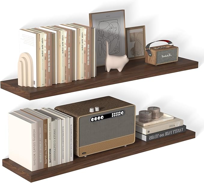 48 Inch Floating Shelf 2 Pack Large Floating Shelves for Wall No Drilling Accessories Included Deep Wall Shelves for Living Room Kitchen Farmhouse 48" W x 12" D x 1.2" Walnut