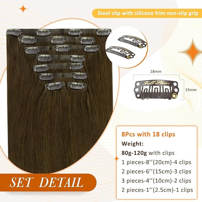 Full Shine Clip in Hair Extensions Real Human Hair 22 Inch Medium Chestnut Brown Seamless Human Hair Clip in Extensions with PU Weft for Long Hair 8 PCS 120 G