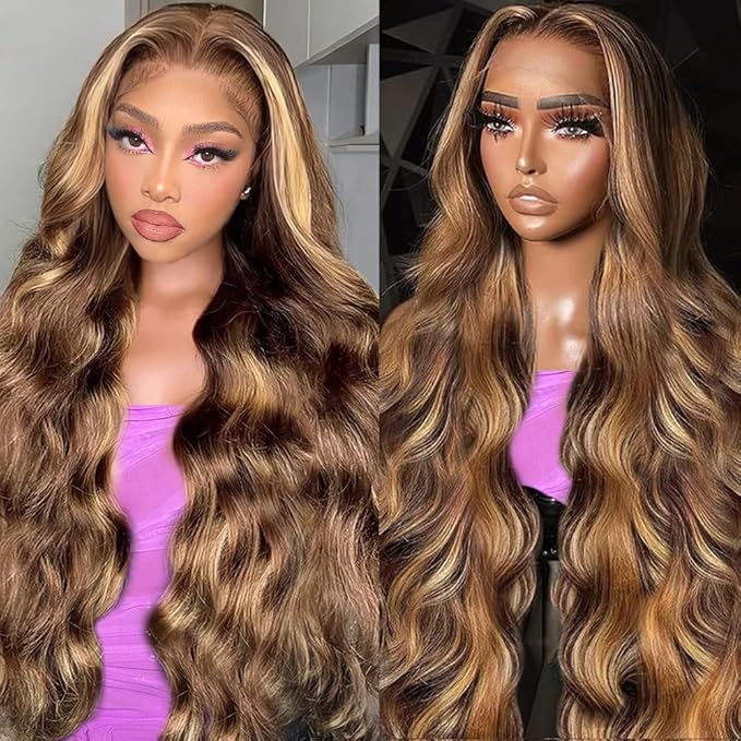 18 Inch 13x6 Lace Front Wigs Human Hair 200 Density P4/27 Highlight Ombre Body Wave HD Lace Front Wigs Human Hair Pre Plucked