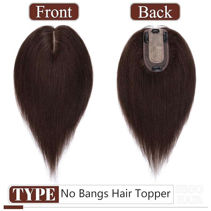 SEGO Real Human Hair Topper for Women, No Bangs Hair Topper with Anti-Slip Clips (18 Inches Dark Brown)