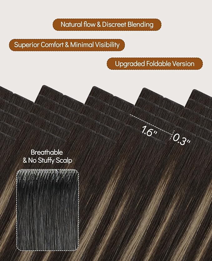VINBAO Injected Tape in Hair Extensions Balayage Dark Brown Mixed Chestnut Brown 50g 18in 20pcs Invisi Edge Tape in Extensions Human Hair Natural Full 18inch #2/6/2