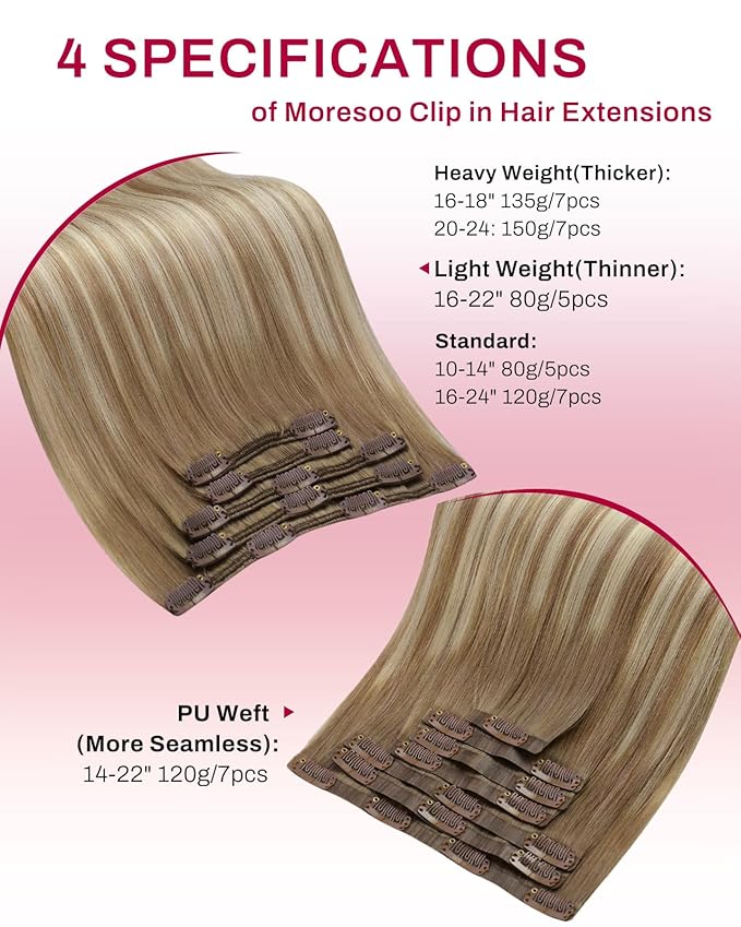 Moresoo Light Brown Balayage Hair Extensions Clip in Light Brown to Medium Brown Human Hair Clip in Extensions Straight Long to Add Length Double Weft 80g/5pcs 20inch for Wedding