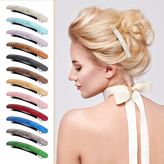 12 Pieces Hair Barrettes for Women Tortoise Shell Acetate French Skinny Clip Automatic Ponytail Barrettes for Women Fine Thin Hair Accessories(Elegant Color)