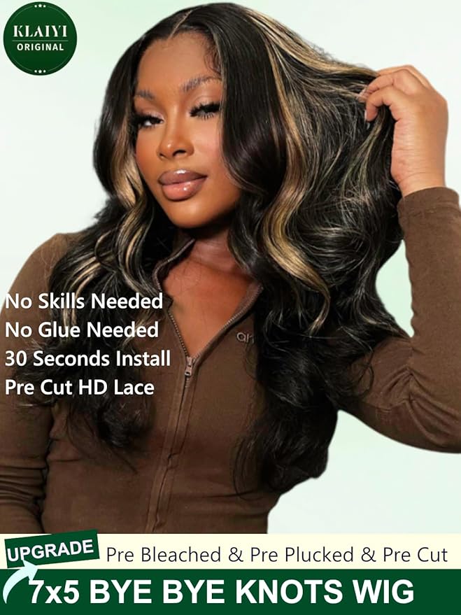 KLAIYI Bye Bye Knots Glueles Highlight Blonde Body Wave Wig Human Hair Precut 7x5 HD Lace Front Wig Pre Plucked Pre Bleached Ombre Wig with Dark Roots Chocolate Brown Wig 16Inch