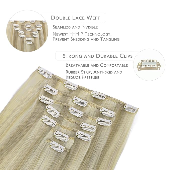 WENNALIFE Clip in Hair Extensions Real Human Hair, 22 Inch 130g 7pcs Remy Hair, Ash Blonde Highlighted Platinum Blonde Straight Natural Extensiones De Cabello Humano Con Clip Ins