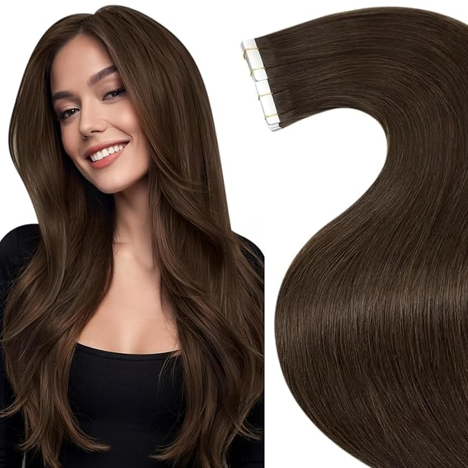 LaaVoo Tape in Hair Extensions Invisible Tape in Extensions Human Hair Balayage Hair Extensions Tape on Real Hair Dark Brown Sikly Straight #4 18inch 20 Pieces 50 Gram