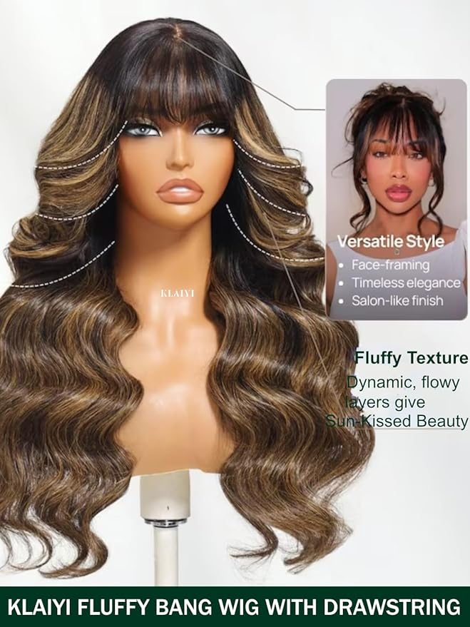 KLAIYI Ombre Brown Loose Body Wave Pre Everything Glueless 13x4 HD Lace Front Human Hair Wig with Natural Bang Highlight Balayage Brown Precut Lace Pre Plucked Bye Bye Knots Drawstring Wig 180% 16Inch