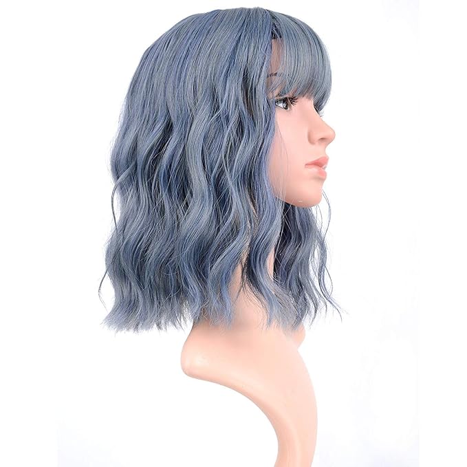 FAELBATY Blue Wigs With Air Bangs Shoulder Length Short Wave Wig For Women Curly Wavy Synthetic Cosplay Wig Blue Wig for Girl Halloween Costume Wigs (12" Dusky Blue Color)