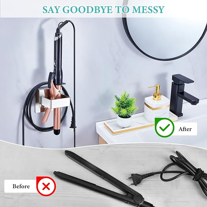 Straighteners Holder Wall Mounted Curling Iron Holder Metal Hair Dryer Holder for Curling Wands Accessories Adhesive Hair Tool Organizer Flat Iron Holder for Bathroom Barber Shops Vanity (Sliver)