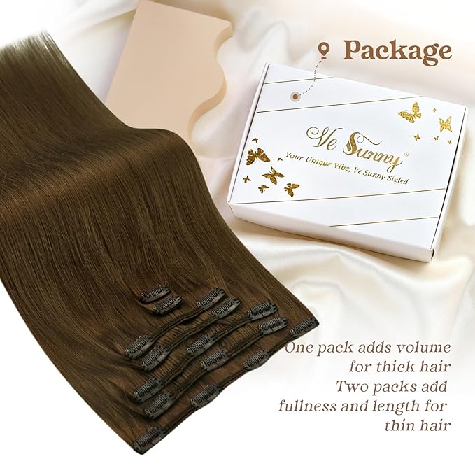 Ve Sunny Clip in Hair Extensions Cool Ash Brown Remy Human Hair Clip in Extensions Full Head Straight Real Hair Extensions For Women 7pcs 120g 18 inch
