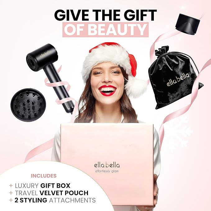 ELLA BELLA® Compact Plasma Hair Dryer, Advanced Plasma Technology Blow Dryer with Digital Display, Rapid Drying, Low Noise, & Luxury Velvet Travel Bag - Includes Diffuser & Nozzle- for All Hair Types