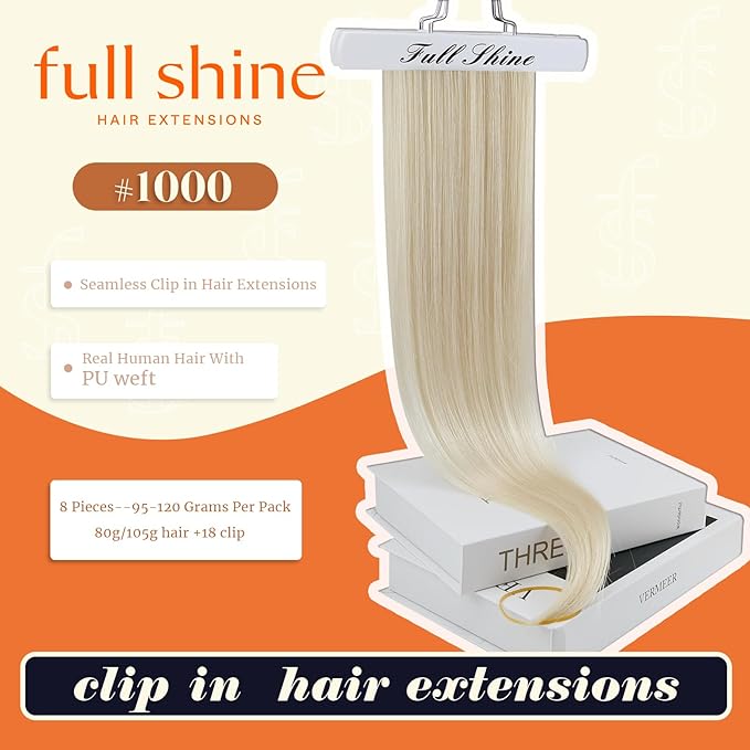 Full Shine Seamless Clip in Hair Extensions Blonde Seamless Hair Extension Clip ins PU Weft Straight Remy Hair Full Head for Women 18 Inch 8 PCS 120 G