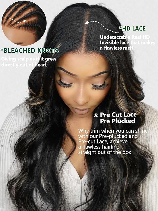 KLAIYI Bye Bye Knots Glueles Highlight Blonde Body Wave Wig Human Hair Precut 7x5 HD Lace Front Wig Pre Plucked Pre Bleached Ombre Wig with Dark Roots Chocolate Brown Wig 16Inch