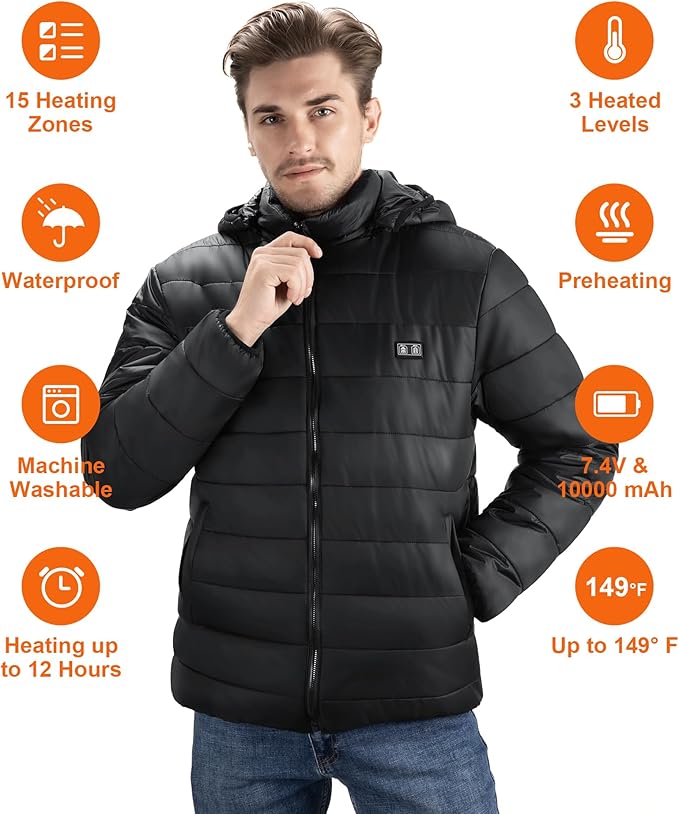 Heated Jacket for Men and Women, Black Winter Coat with Bαtterγ Pack,15 Heating Zone Heated Coat