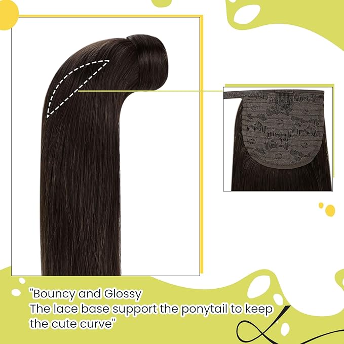 RUNATURE Brown Human Hair Ponytail Extension Straight Ponytail Hair Extensions Human Hair Dark Brown Ponytail Human Hair Extensions Short Wrap Around Ponytail Extension Remy Hair 14 Inch 70g