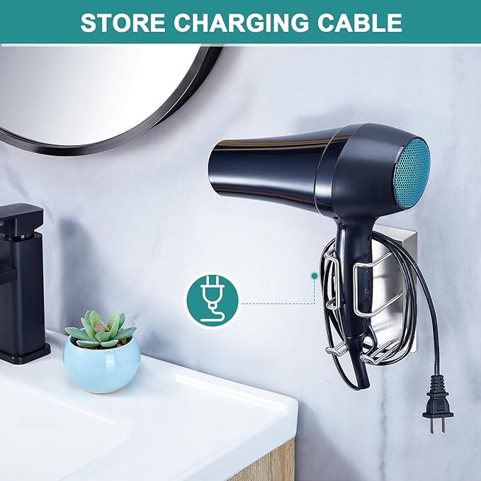 Blow Dryer Holder Wall Mount Hair Dryer Holder, Adhesive Straightener Holder, Curling Iron Holder for Bathroom Salon Barber Shop, Flat Iron Holder, Hair Tools Organizer Storage (Silver)