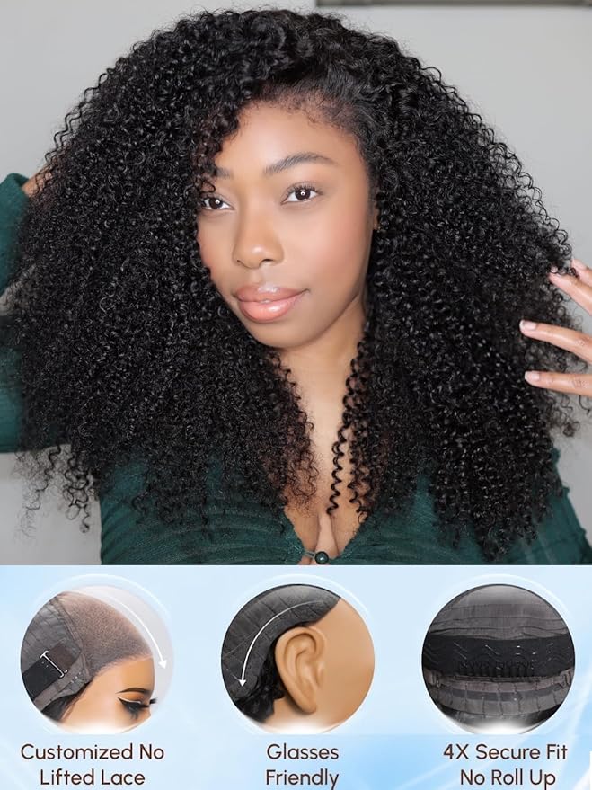 Julia Hair Bye Bye Knots 4C Kinky Curly Glueless Natural Hair Wig 7x5 Pre Cut HD Lace Front Kinky Edges Hairline Wig Pre Bleached Pre Plucked Virgin Hair with Baby Hair for Black Women 24 Inch