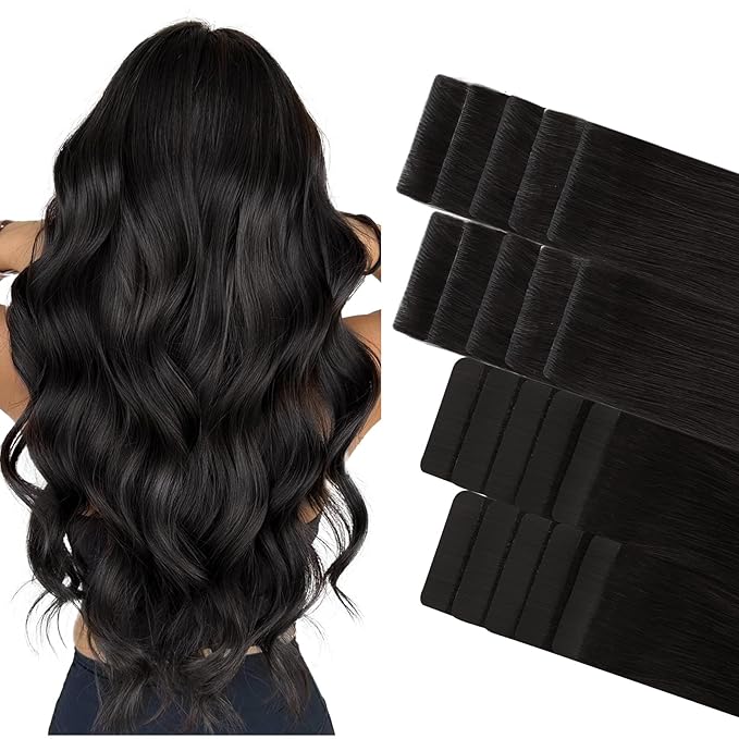GOO GOO Invisi Edge Tape in Hair Extensions Human Hair, 1B Natural black 10pcs injected with 10pcs classical tape ins, 16inch 50g, Virgin Remy Hair, Natural Look