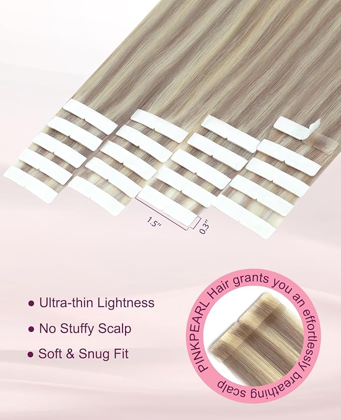 Pinkpearl Invisible Tape in Hair Extensions Human Hair, 20pcs 14inch 40g #18P60 Ash Blonde Highlighted Platinum Blonde Injection Tape in Extensions Real Remy Seamless Human Hair Injected