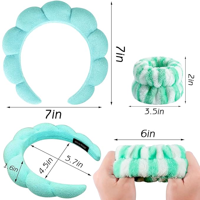 Zkptops Spa Headband for Washing Face Wristband Set Sponge Makeup Skincare Headband Terry Cloth Bubble Soft Get Ready Hairband for Women Puffy Padded Headwear Non Slip Thick Hair Accessory(Turquoise)