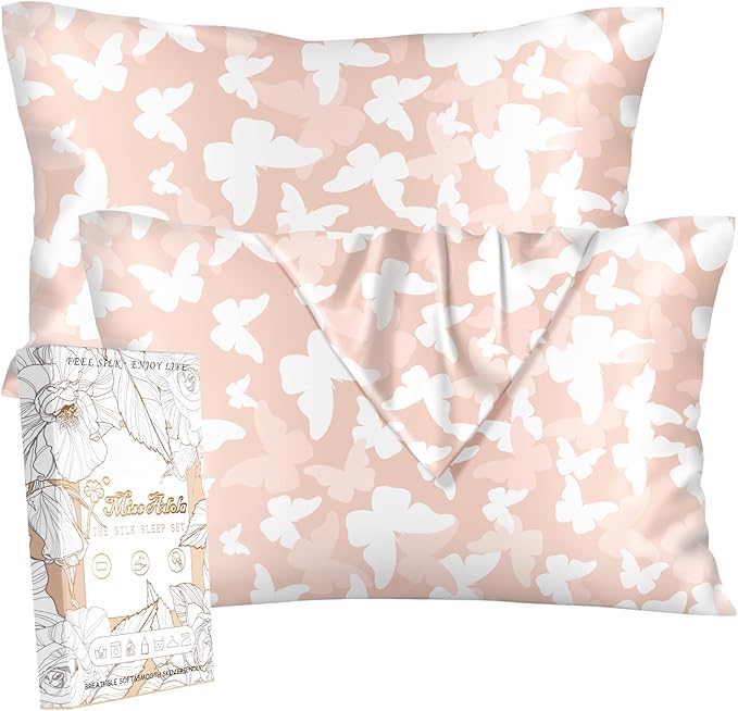 2 Pack Mulberry Silk Pillowcase for Hair and Skin - King Size 20 x 36 Inches with Hidden Zipper PK Butterfly 19 Momme Soft Sleeping Silk Pillow Case for Women, Moms
