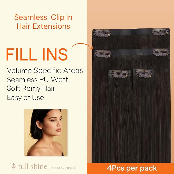 Full Shine Dark Brown Hair Extensions,4Pcs Seamless Clip in Hair Extensions Real Human Hair, PU Weft Remy Long Straight Hair Fill ins for Women Thickness, 20Inch 95g