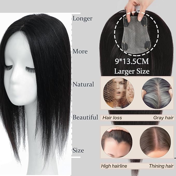 Hair Toppers for Women Real Human Hair, 360° 3D Human with Thinning Upgrade Middle Part Clip in Bangs Topper Hair Pieces for Women Daily(Black, 14 Inch-3D-Side)