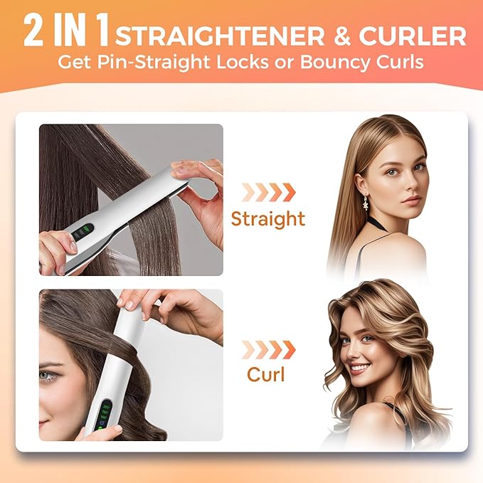 Cordless Hair Straightener, SUNMAY 2-in-1 Titanium Flat Iron Curler with Negative Ion, Dual NTC Temperature Control, 20s Fast Heat-Up, 3 Heat Settings, USB Rechargeable Portable Travel Straightener