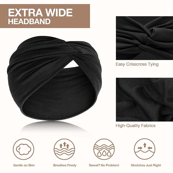 Wide Headbands for Women Knotted No Slip Head Bands Soft Turban Headband Hair Accessories Boho African Solid Color Head Wraps for Women Yoga Workout Pack of 6（Brown）