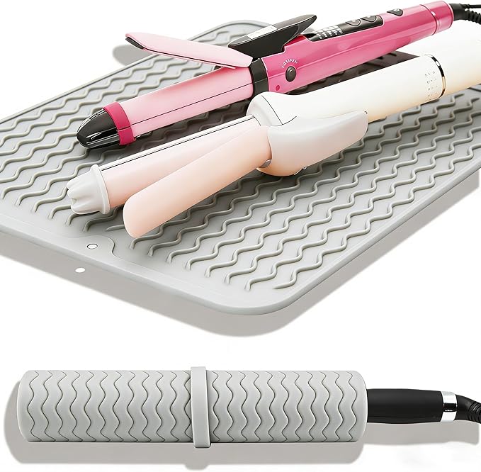 Heat Mat for Curling Iron, Oversize Silicone Resistant Mat for Hair Tools, Hot Pad for Hair Straightener, Flat Irons and Hot Hair Styling Tools Home Kitchen Travel Gym Salon Grey (15.7" x 11.8")