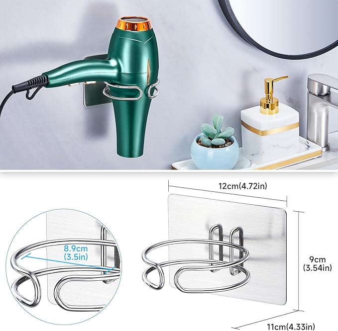 Hair Dryer Holder Wall Mounted, Hairdryer Holder for Bathroom, Blow Dryer Holder, Hair Tool Organizer for Hair Dryer Hanger Storage, Adhesive Blow Dryer Organizer (Silver)