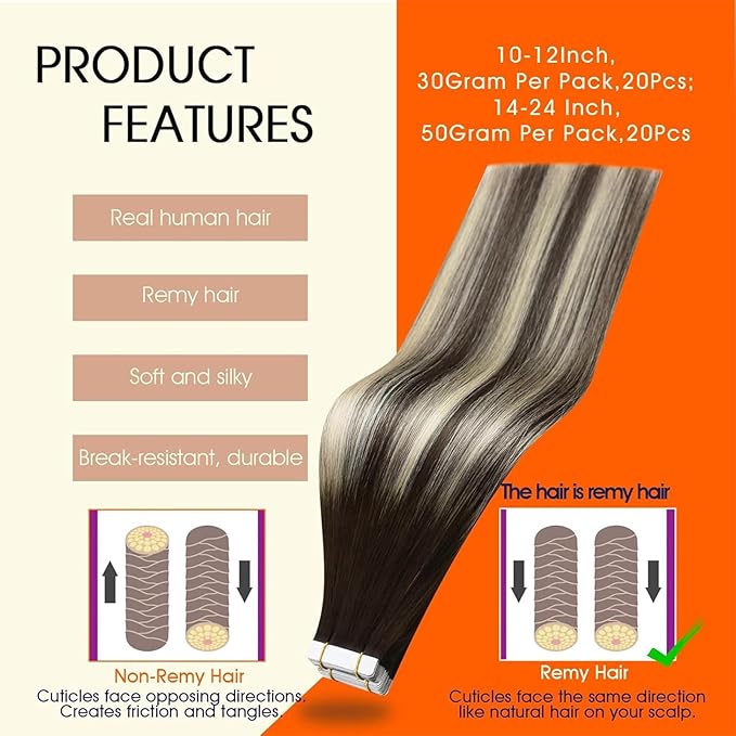 Full Shine Tape in Hair Extensions Color 2/60/2 Brown And Blonde Tape in Extensions 12Inch Real Remy Hair Extensions Seamless Tape ins Human Hair Double Sided Human Hair for Women 30Gram 20Pcs