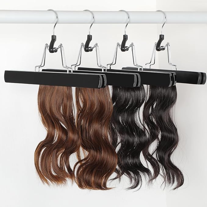TOPIA HANGER 24 Pack Wooden Pants Hangers, Hair Extension Hangers Non Slip Skirt Hanger Wood Clamp with Velvet Padded 360° Swivel Hook for Jeans, Skirts, Trousers, Wigs Black CT68B