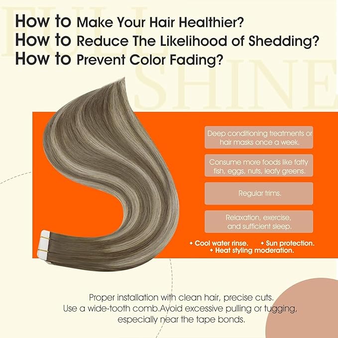 Full Shine Brown And Blonde Tape in Extensions Human Hair Color 7/1000/7 Ombre Tape in Hair Extensions 14Inch Hair Extensions Real Human Hair 50Gram Remy Seamless Extension 20Pcs Natural Straight Hair
