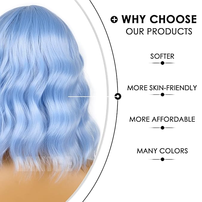 LANICE Light blue Short Bob Wigs with Bangs for Women Loose Wavy Hair Shoulder Length Wigs Synthetic Colorful Wigs for Cosplay Daily PartyUse(Light blue，12inch)