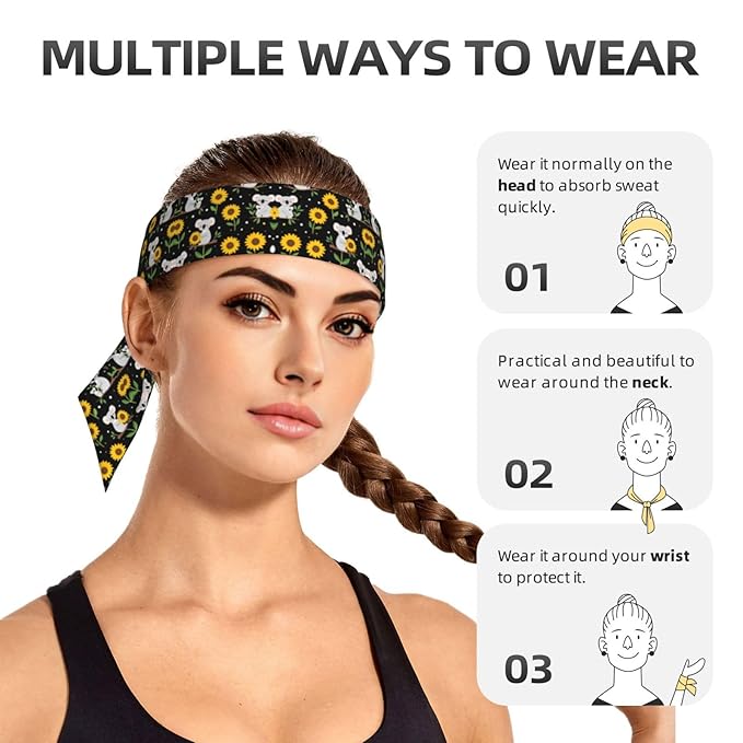 Men Women Cute Koala Black Yellow Sunflower Sports Sweatband Multifunction Cool Head Band Headdress for Sports Workout Shower