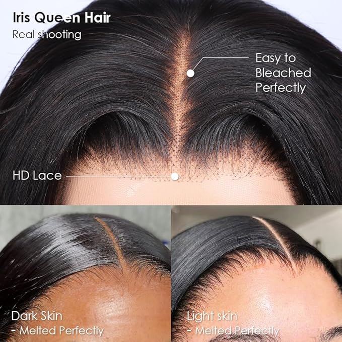 Iris Queen 12A 13x4 Straight HD Lace Front Human Hair Wigs Pre Plucked 180 Density Transparent Lace Frontal Wig with Baby Hair for Women Natural Black Color(26 Inch)