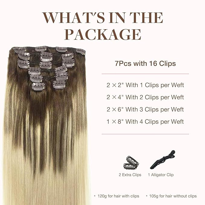 GOO GOO Clip in Hair Extensions Real Human Hair, Remy Human Hair Extensions Clip ins for Women, Natural Human Hair, 22inch 120g 7Pcs, 4/18 Balayage Chocolate Brown Highlighted Dirty Blonde