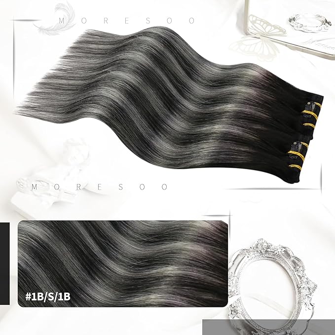 Moresoo Black And Silver Clip in Hair Extensions Ombre Black And Silver Human Hair Extensions Clip ins Real Human Hair for Women Double Weft 120g/7pcs 16 inch