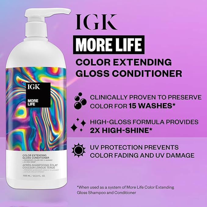 IGK MORE LIFE Color Extending Gloss Shampoo and Conditioner Set | Preserves Color Treated Hair | UV Protection | Vegan + Cruelty-Free | 1 Liter