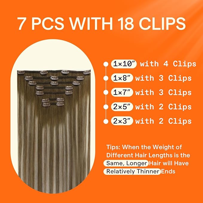 Full Shine Brown Blonde Clip in Hair Extensions Chestnut Brown Ombre Blonde Color 6/60/6 Real Hair Extensions Clip ins 22 Inch Straight Clip in Remy Hair 7 Pcs 120 G