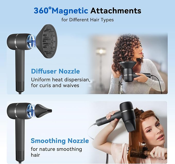 Ionic Hair Dryer Fast Drying, Thermo-Control Professional Blow Dryer, Low Noise, Lightweight, Magnetic Diffuser and Concentrator for Curly & Straight Hair, 160000 RPM High-Speed Brushless Motor, Black
