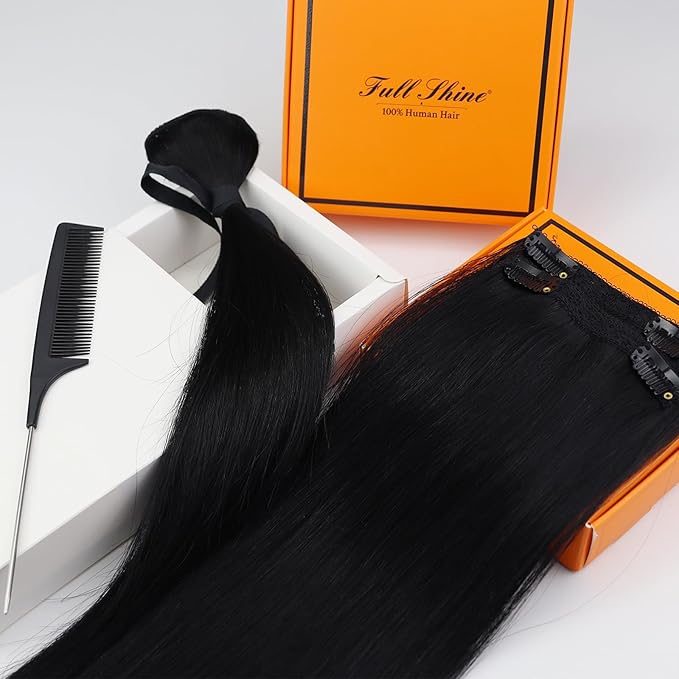 Full Shine Black Clip in Hair Extensions 16 Inch Human Hair Extensions Clip in for Women with Lace Weft Invisible Hair Add Volume Softness 3 Pcs 60 G