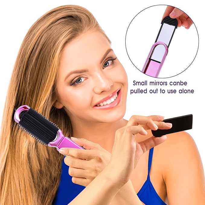Travel Hair Brush with Mirror,2 Pack Folding Hair Brush Travel Size Hair Massage Comb Compact Hair Brush Foldable Pocket Hairbrush for Women and Men, Hair Styling Tools (Pink & Gradient)