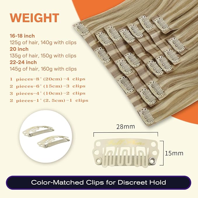 Full Shine Clip in Hair Extensions 22 inch 160g 8Pcs Seamless Human Hair Clip in Extensions Golden Blonde Mix Light Blonde Remy Hair Clip ins PU Skin Weft