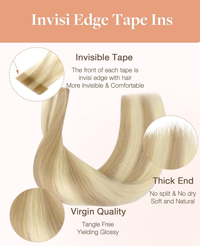 GOO GOO Invisi Edge Tape in Hair Extensions Human Hair, 18A/613A Dark Blonde Highlighted Bleach Blonde, 10pcs 18inch 25g, Virgin Remy Hair, Seamless Injected Tape, Natural Look