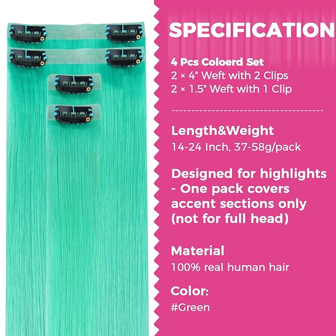 Lashey Green Hair Extensions Real Human Hair 58g 4pcs Straight Seamless Clip in Hair Extensions Human Hair for Black Girls 24 Inch Highlight Colored Clip ins