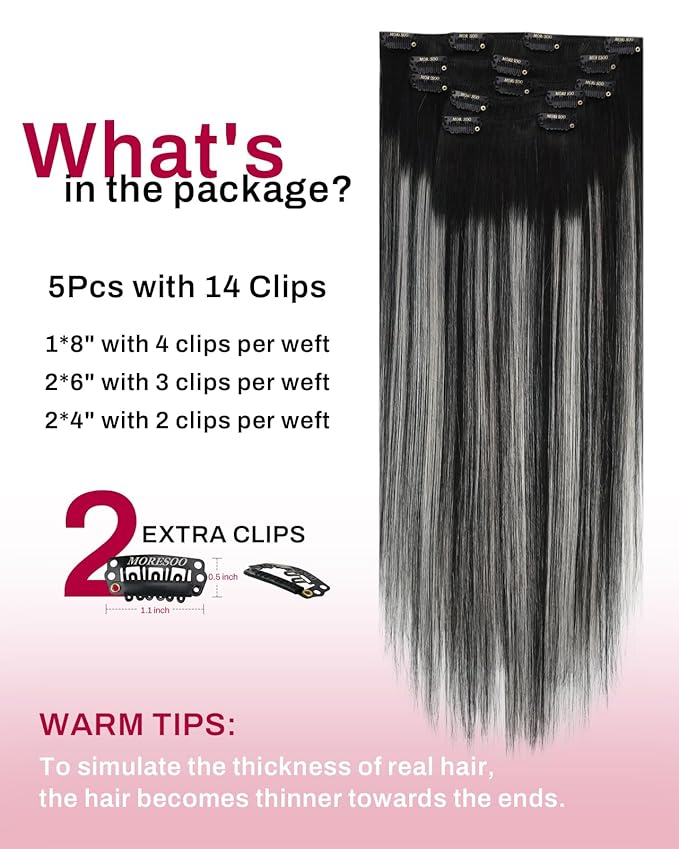 Moresoo Silver Clip in Hair Extensions Balayage Black and Silver Hair Extensions Clip ins Human Hair Ombre Remy Straight Human Hair Clip in Extensions 5Pcs 80G 12inch