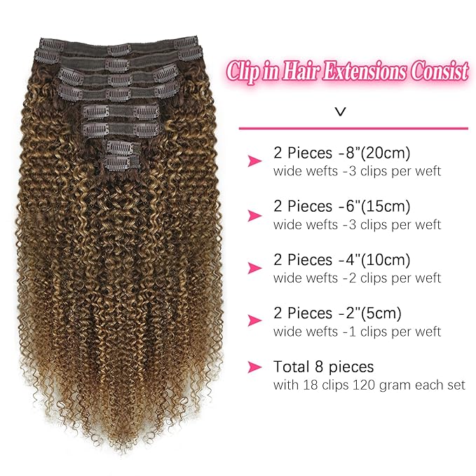 Kinky Curly Clip in Hair Extensions Real Human Hair 4/27/4 Omber Kinky Curly Clip ins For Women 3c 4a Brazilian Virgin Clip on Hair (22inch,#4/27/4)